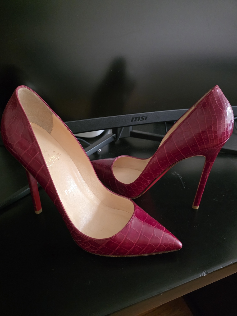 Christian Louboutin Burgundy Red Crocodile Pointed Toe Stiletto Pumps Pigalle 39